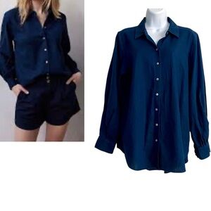 LC Lauren Conrad Navy Blue Shirt Size Medium Button Down Lightweight Linen Blend